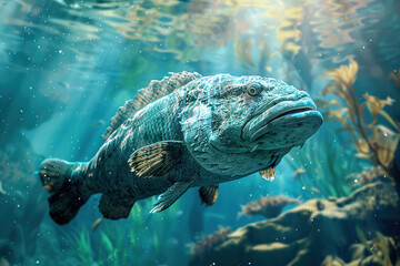 Fototapeta premium Terrifying scary sea monster in dark depths of deep blue ocean, abstract vivid composition consists of fictional unreal fantastic vision on background