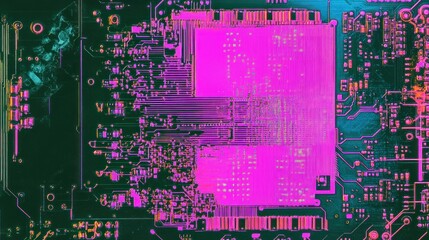 Close-up of a vibrant pink and teal circuit board, showcasing intricate electronic components and pathways.