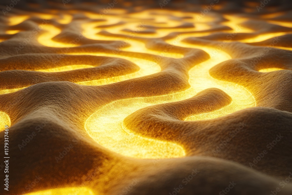 Poster intricate patterns of golden light illuminating textured surfaces in a mesmerizing display. generati