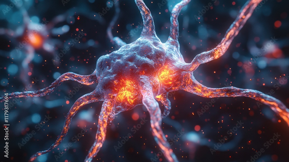 Poster intricate structure of a neuron illuminated with vibrant colors showcasing its electrical activity. 