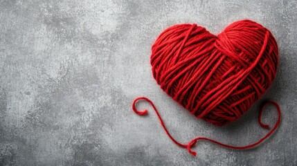 Red yarn heart on gray background.