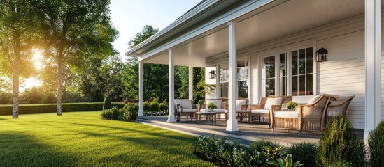 Tranquil suburban home with large porch, inviting furniture, and lush green lawn.