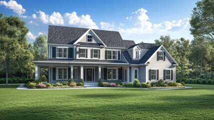 Fototapeta premium Elegant gray farmhouse with wraparound porch, landscaped lawn, and mature trees.