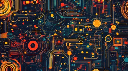 Abstract digital circuit board with glowing nodes and lines.