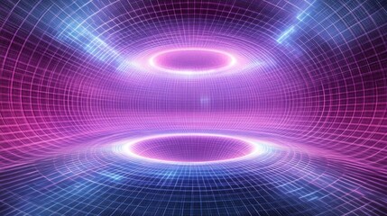 Abstract glowing purple and blue grid tunnel with light circles.