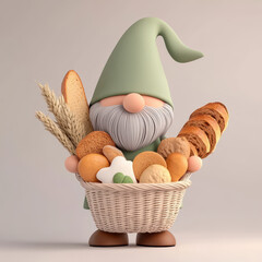 whimsical gnome holds basket filled with various baked goods