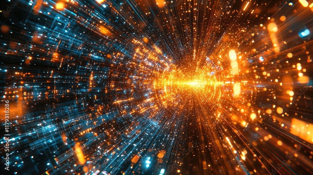 Poster abstract digital art: a journey through a futuristic tunnel of light and data. experience the vibran