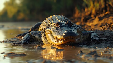 Fototapeta premium Wildlife photo captures crocodile's side profile by riverbank, showing detailed scales and natural habitat with cinematic composition