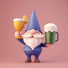 Cheerful gnome holding beer mug and goblet, celebrating joyfully