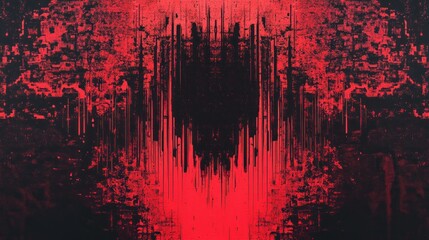 Abstract red and black glitch art with vertical lines and symmetrical pattern.