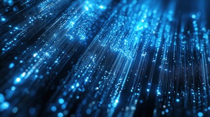 Abstract blue glowing lines, digital data stream, futuristic technology background.