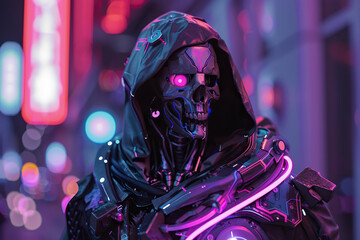 Scary grim reaper with sharp scythe in hell with dark dramatic color, abstract vivid composition consists of fictional unreal fantastic vision on background