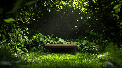 serene forest clearing with lush greenery and wooden bench invites relaxation and tranquility