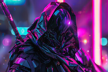 Scary grim reaper with sharp scythe in hell with dark dramatic color, abstract vivid composition consists of fictional unreal fantastic vision on background