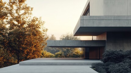 Obraz premium Modern concrete house with autumn trees and patio.