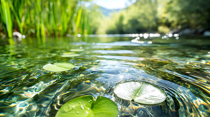 serene nature scene featuring tranquil lake with lily pads floating on clear water, surrounded by lush greenery and soft reflections