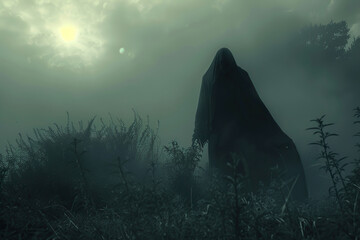 Scary grim reaper with sharp scythe in hell with dark dramatic color, abstract vivid composition consists of fictional unreal fantastic vision on background