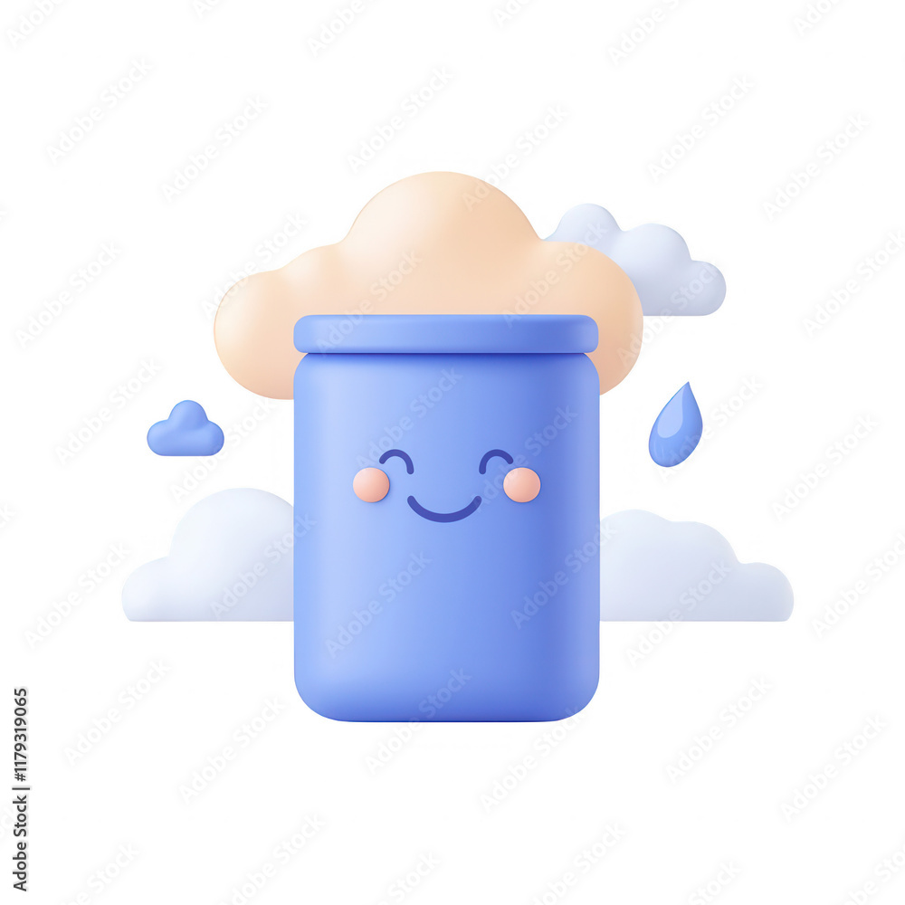 Poster a cheerful jar character surrounded by clouds and raindrops, perfect for playful designs., isolated 