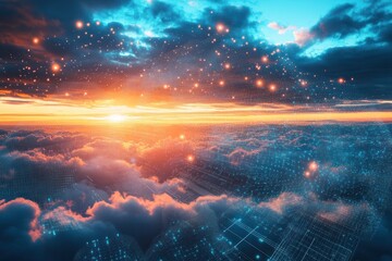 Fototapeta premium Sunset above cloudscape with digital network overlay.