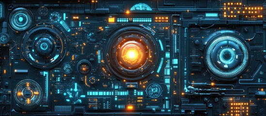 Fototapeta premium Futuristic technology panel with glowing lights and intricate details.