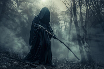 Scary grim reaper with sharp scythe in hell with dark dramatic color, abstract vivid composition consists of fictional unreal fantastic vision on background