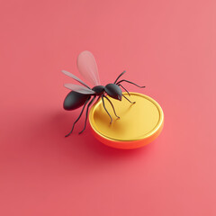 Fototapeta premium black ant carrying gold coin on pink background, symbolizing wealth