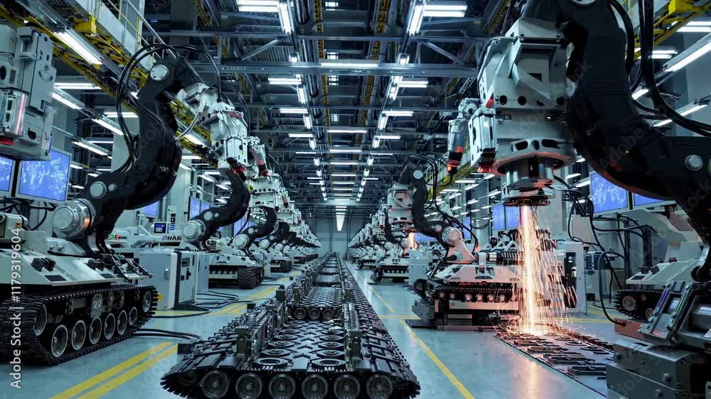 Poster robotic arms operate within a high-tech manufacturing facility to create advanced machinery componen