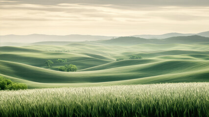 Obraz premium Discover Rolling Hills Blanketed in Tall Grass Under a Soft, Golden Sky at Dusk