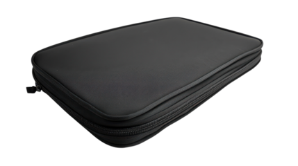Simple and sleek black zippered case shown on a plain background ideal for storing electronics or personal items at home or office on transparent background
