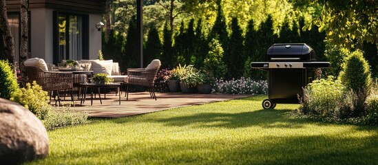 Backyard barbecue grill on patio with lush landscaping and seating area.