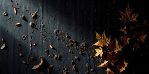 Obraz premium A dark textured background with vibrant orange autumn leaves scattered around, creating a rich and moody fall aesthetic.