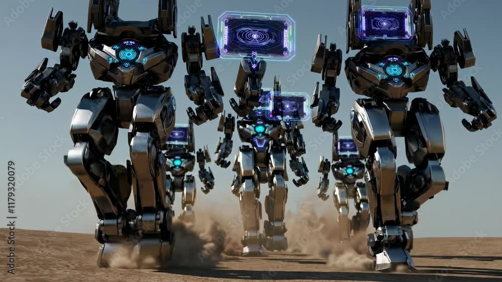 Poster advanced robots march through a dusty landscape showcasing futuristic technology and design
