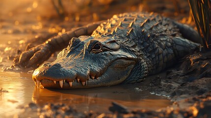 Naklejka premium Wildlife photo captures crocodile's side profile by riverbank, showing detailed scales and natural habitat with cinematic composition