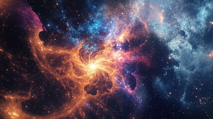 Naklejka premium Vibrant nebula with swirling cosmic dust and gas clouds in deep space.