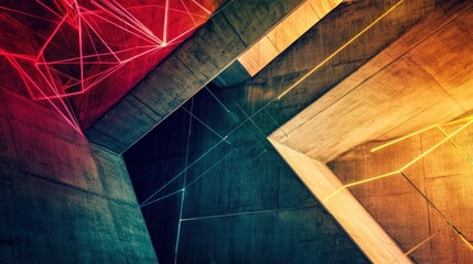 Obraz premium Abstract geometric concrete structure illuminated by vibrant laser lights.