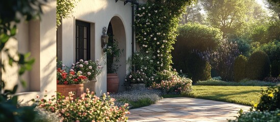 Naklejka premium Sunlit Mediterranean house entrance with blooming flowers and lush garden.