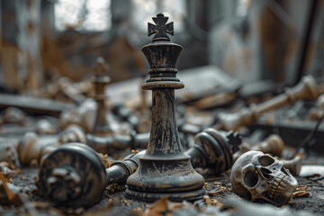 Obraz premium Chess piece standing on checkered game board during strategic game of chess, abstract vivid composition consists of fictional unreal fantastic vision on background