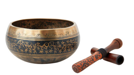 Ceremonial singing bowl with intricate designs and wooden mallet, ideal for meditation and relaxation in serene settings on transparent background