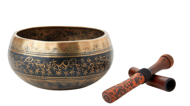 Ceremonial singing bowl with intricate designs and wooden mallet, ideal for meditation and relaxation in serene settings on transparent background