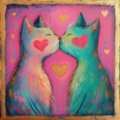 illustration of two cats kissing love romantic feelings valentines day valentine's kiss hearts couple cute