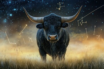 Naklejka premium Majestic black bull standing in a field under a starry night sky with Taurus constellation.