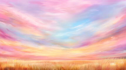 serene landscape featuring pastel hued sky with soft clouds and golden grass, evoking sense of tranquility and beauty