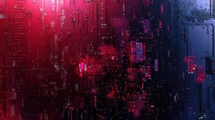 Obraz premium Abstract red and blue circuit board texture with glowing elements.