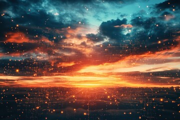 Fototapeta premium Vibrant sunset over a futuristic cityscape with glowing lights and dramatic clouds.