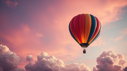 Obraz premium Dreamy Hot Air Balloon, Pink Purple Sky, Fluffy Clouds, Colorful, AI Art