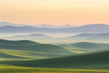 Fototapeta premium Dunes Glisten Under the Soft Golden Hues of Sunset, Illuminating the Tranquil Landscape