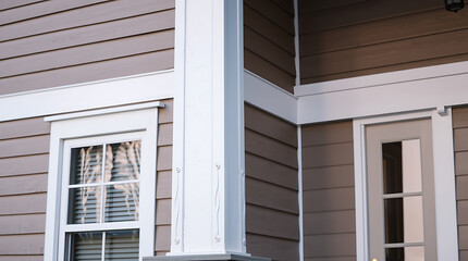 Fototapeta premium Exterior view of a house corner featuring brown horizontal siding, white trim, a white framed window with blinds, and a white framed door. A prominent white column is positioned at the corner.
