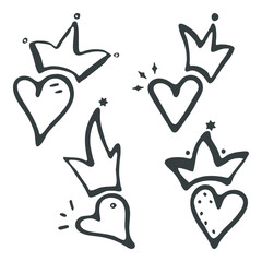 Heart crown shapes doodle cartoon style set, love concept composition. Hand drawn ink brush line. Outline scribbled isolated elements, black colour contour. Cute scrapbooking web kit. illustration