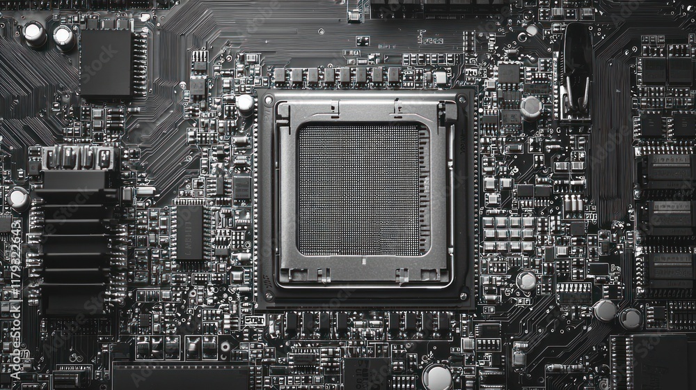 Poster close-up of a computer motherboard: intricate details of the cpu socket and surrounding circuitry
