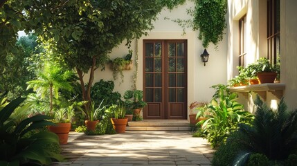 Naklejka premium Sunlit patio with lush greenery, terracotta pots, and a wooden door.